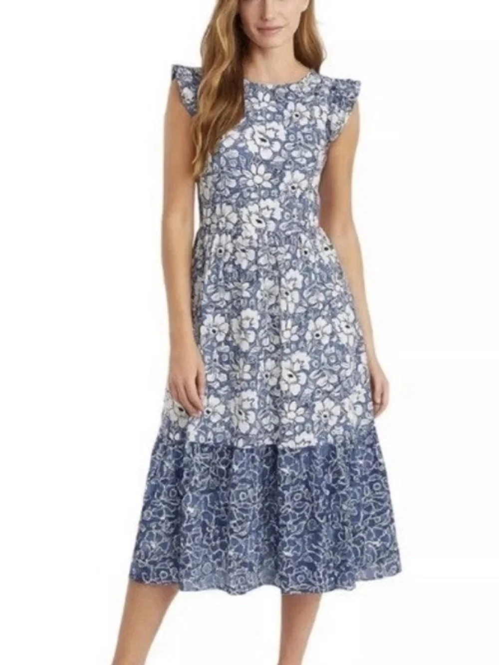 J.Crew Blue & White Ruffle-Sleeve Tiered Cotton Midi Dress Size 10 54953